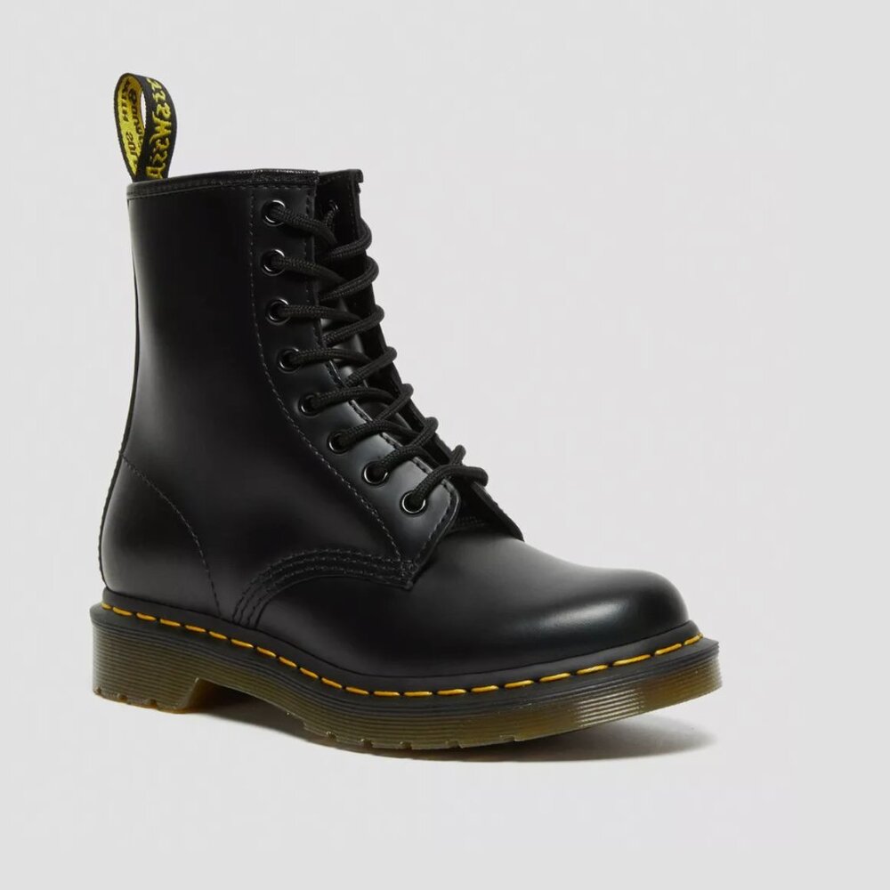 Dr. Martens Black Leather Boots with Yellow Stitching